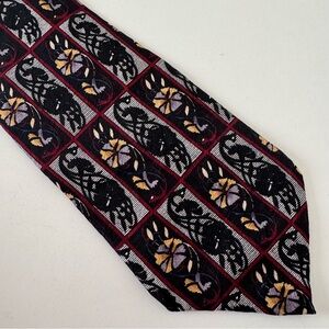 Adolfo Black Red and Gold Silk Abstract Floral Patterned Tie